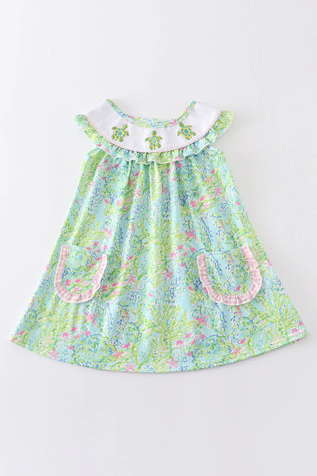 Girls Lily Print Turtle Embroidery Dress