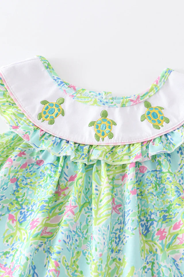 Girls Lily Print Turtle Embroidery Dress