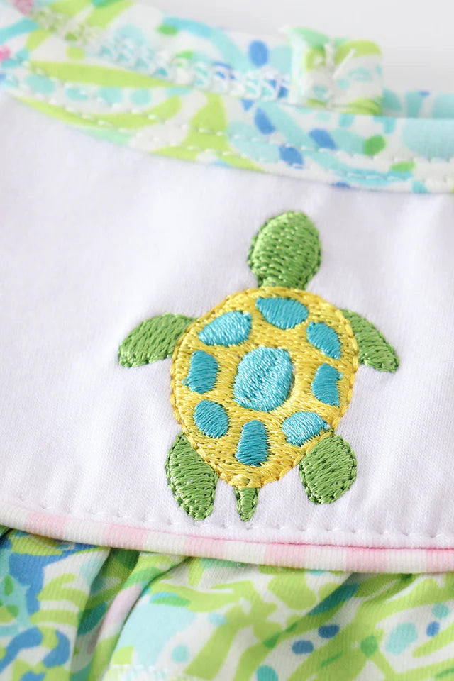 Girls Lily Print Turtle Embroidery Dress