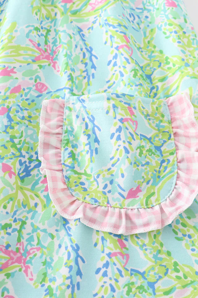 Girls Lily Print Turtle Embroidery Dress