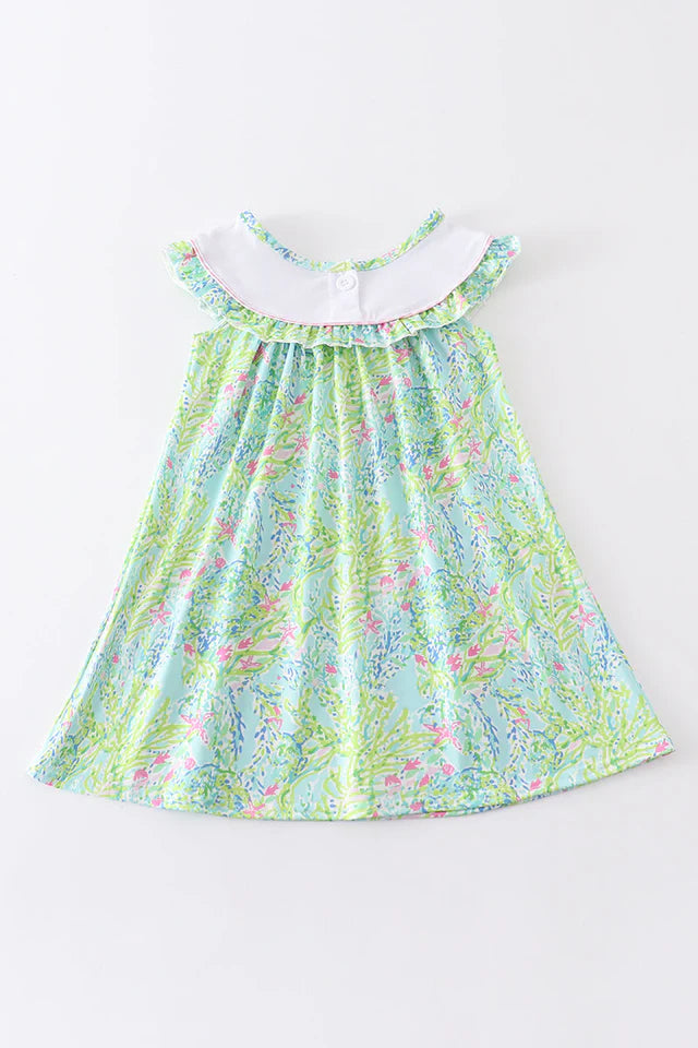 Girls Lily Print Turtle Embroidery Dress