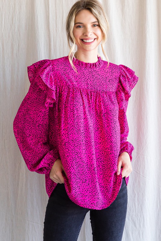 Womens Jodifl Fuchsia Dotted Print Long Balloon Sleeves Top