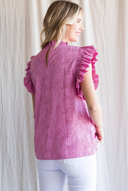 Womens Jodifl Pink Irregular Dot Print Ruffle Cap Sleeve Top