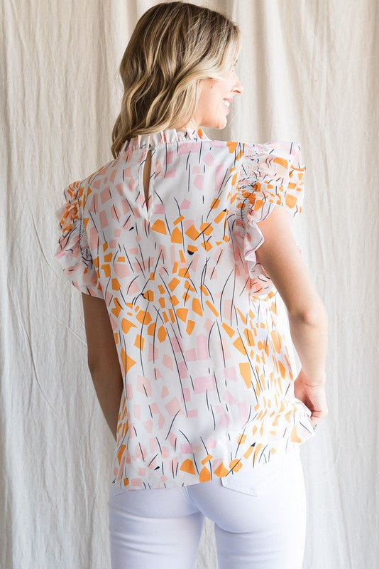 Womens Jodifl White Print Smocked Ruffled Shoulder Top
