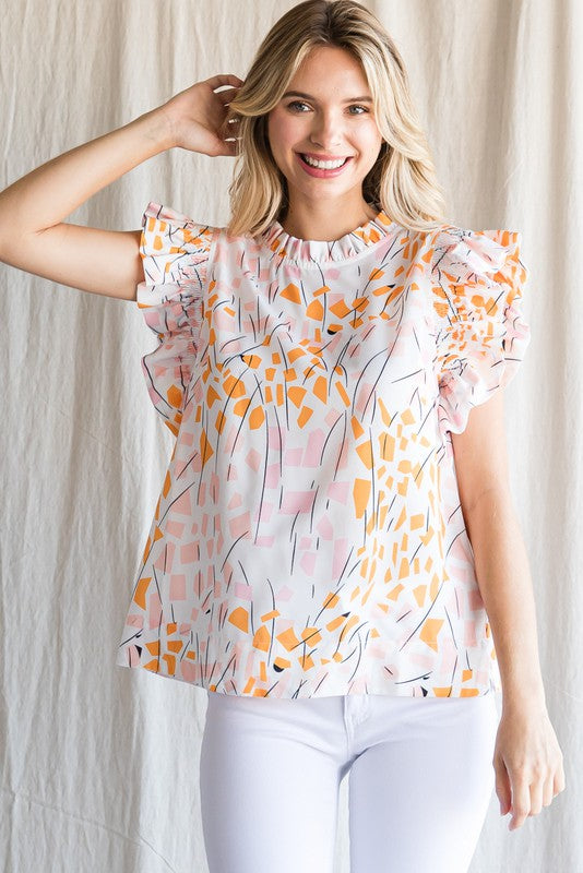 Womens Jodifl White Print Smocked Ruffled Shoulder Top