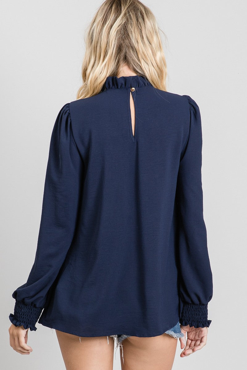 Womens Jodifl Navy Solid Frill Mockneck Top