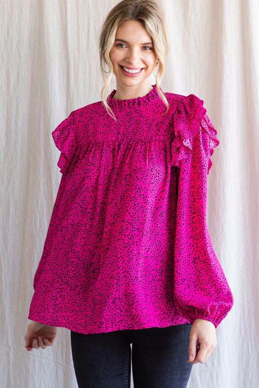 Womens Jodifl Fuchsia Dotted Print Long Balloon Sleeves Top