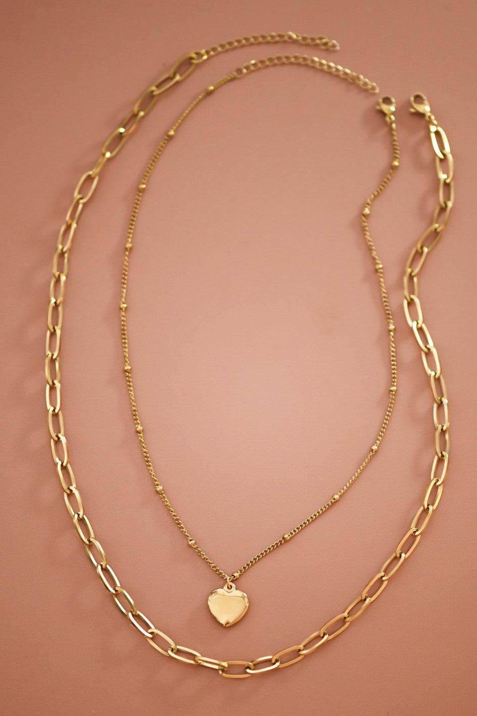 18k Non-tarnish Stainless Steel Heart And Paperclip Chain Necklace Set