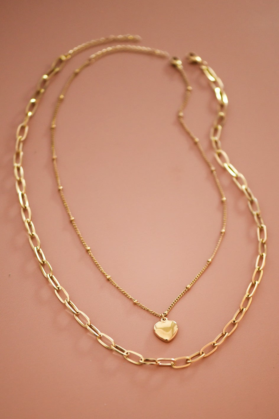 18k Non-tarnish Stainless Steel Heart And Paperclip Chain Necklace Set