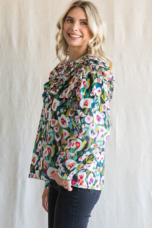 Womens Jodifl Moss/Sage Print Wide Layer Ruffled Shoulder Top