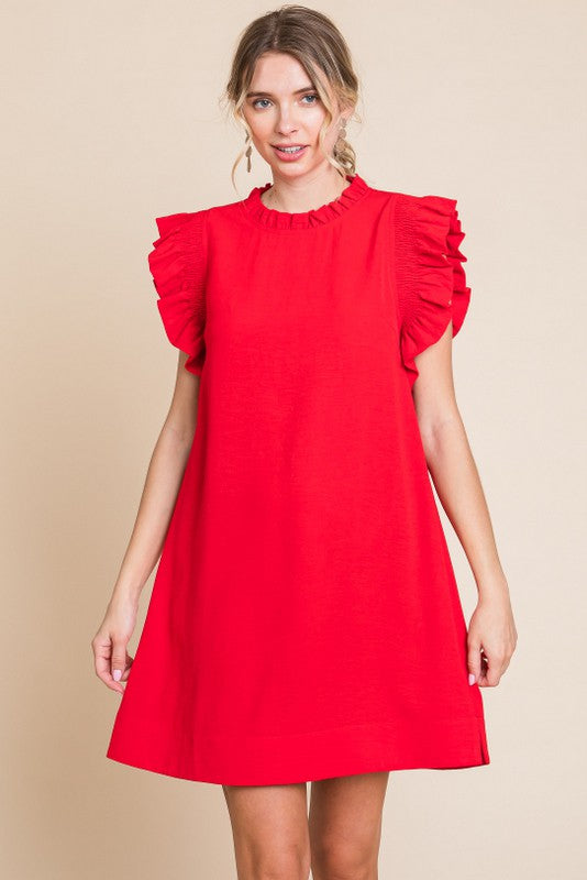Womens Jodifl Tomato Red Solid Ruffle Cap Sleeve Dress