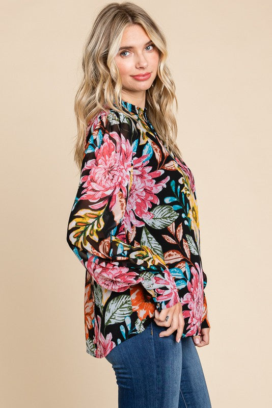 Womens Jodifl Black Flower Print Chiffon Smocked Neck Top