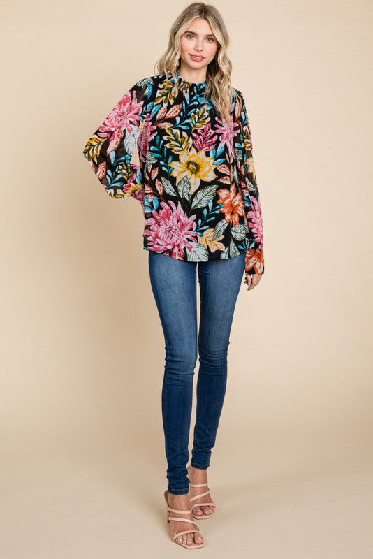 Womens Jodifl Black Flower Print Chiffon Smocked Neck Top