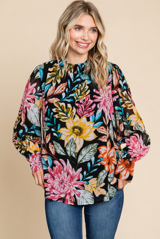 Womens Jodifl Black Flower Print Chiffon Smocked Neck Top