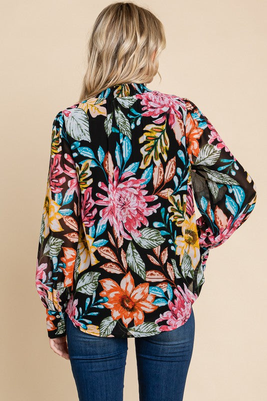Womens Jodifl Black Flower Print Chiffon Smocked Neck Top