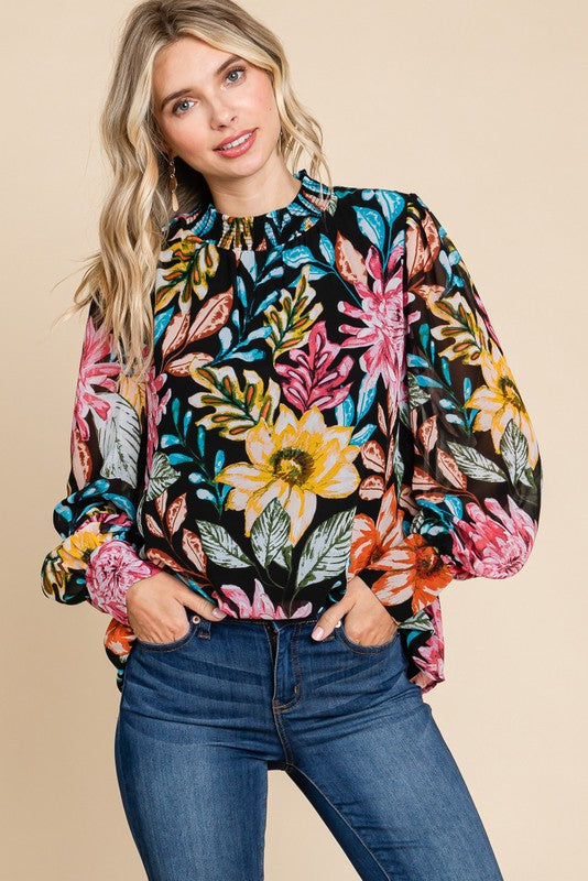 Womens Jodifl Black Flower Print Chiffon Smocked Neck Top