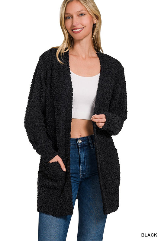 Womens Zenana Black Long Sleeve Popcorn Sweater Cardigan With Pockets