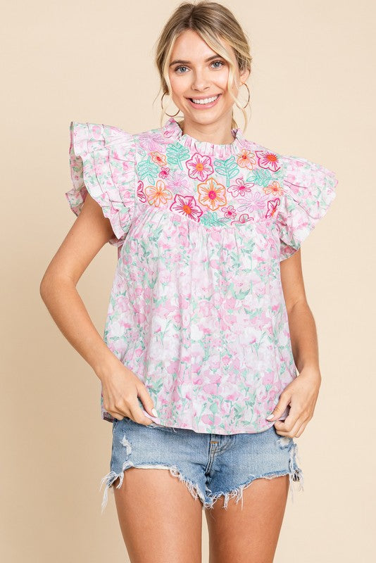 Womens Jodifl Pink Floral Print Embroidery Yoke Top