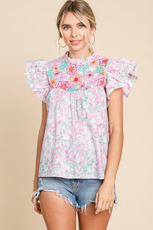 Womens Jodifl Pink Floral Print Embroidery Yoke Top
