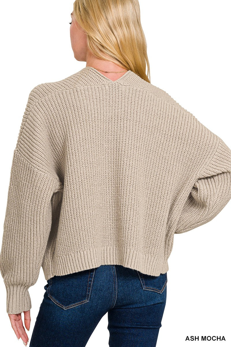 Womens Zenana Ash Mocha Open Front Drop Shoulder Sweater Cardigan