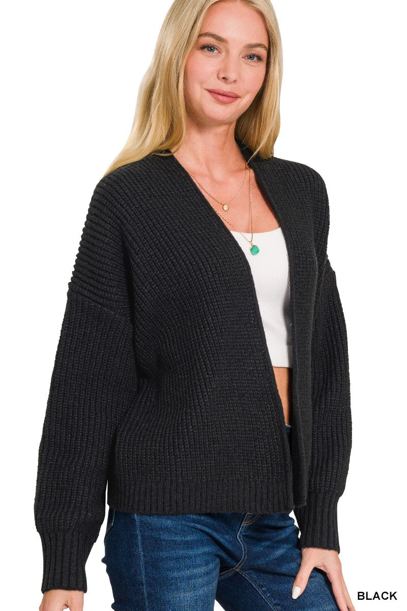 Womens Zenana Black Open Front Drop Shoulder Sweater Cardigan