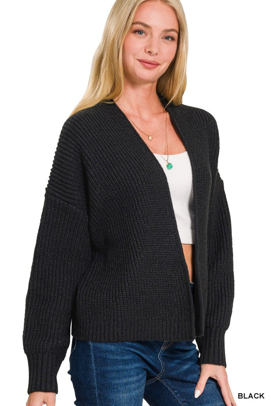 Womens Zenana Black Open Front Drop Shoulder Sweater Cardigan