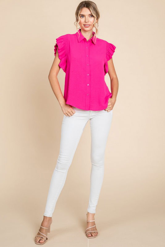 Womens Jodifl Hot Pink Solid Smocked Ruffle Shoulder Top