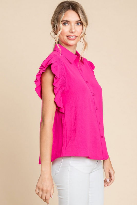 Womens Jodifl Hot Pink Solid Smocked Ruffle Shoulder Top