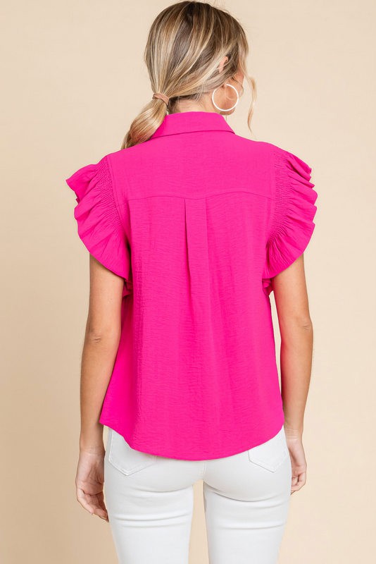 Womens Jodifl Hot Pink Solid Smocked Ruffle Shoulder Top