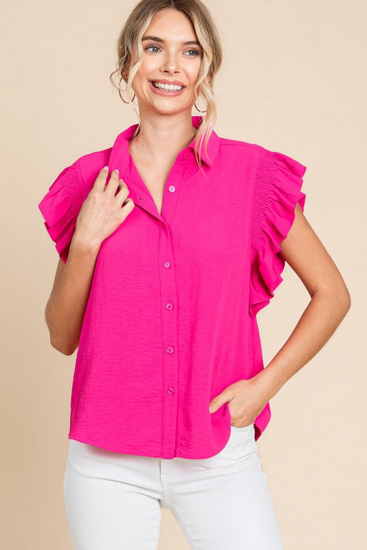 Womens Jodifl Hot Pink Solid Smocked Ruffle Shoulder Top