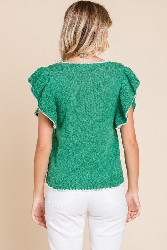 Womens Jodifl Green Solid Knit Ruffled Top