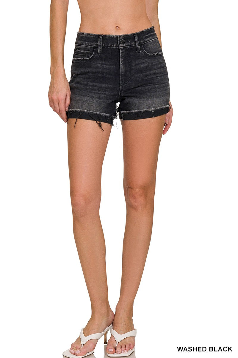 Zenana Womens Black Cuffed Raw Hem Denim Shorts