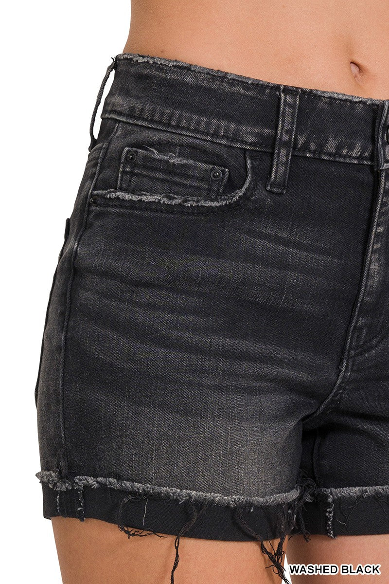 Zenana Womens Black Cuffed Raw Hem Denim Shorts