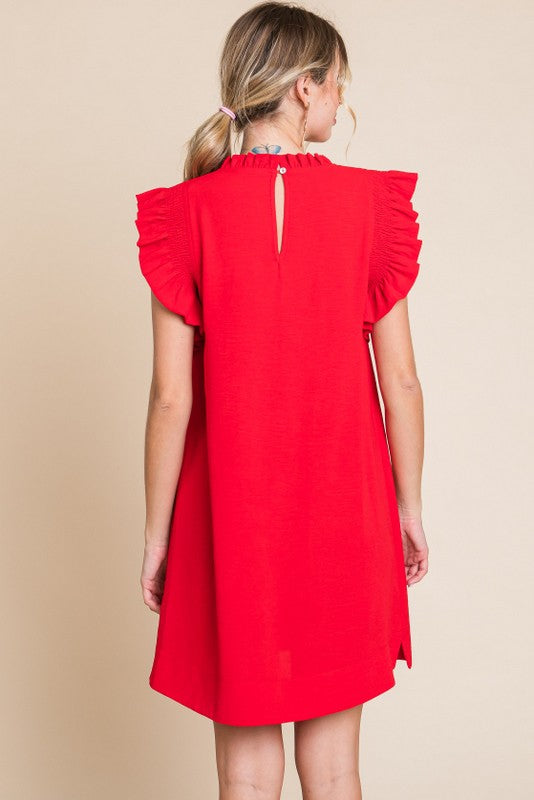 Womens Jodifl Tomato Red Solid Ruffle Cap Sleeve Dress