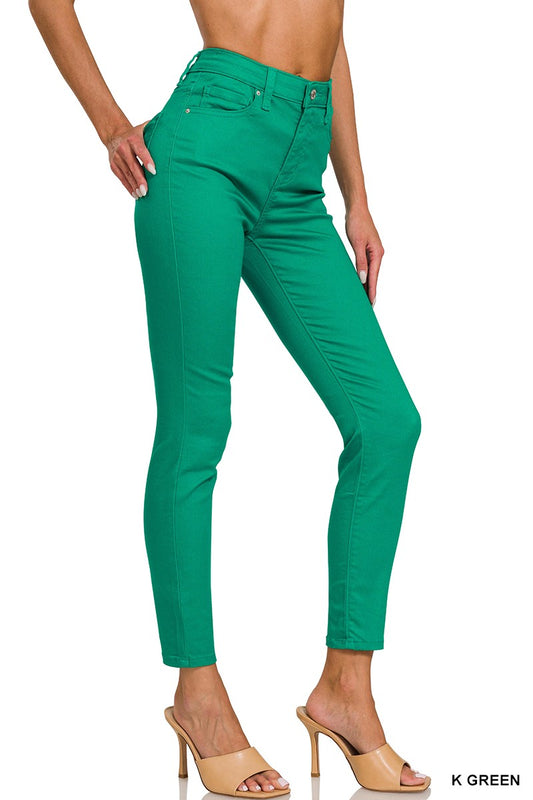 Zenana Womens High Rise Skinny Color Denim Pants Kelly Green
