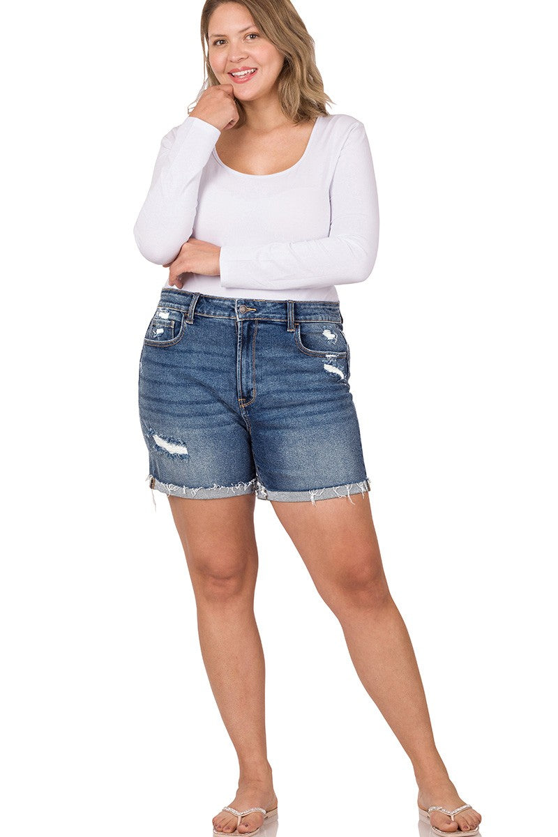 Zenana Womens PLUS Distressed Cuffed Raw Hem Dark Denim Shorts