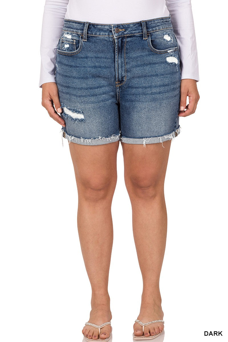 Zenana Womens PLUS Distressed Cuffed Raw Hem Dark Denim Shorts