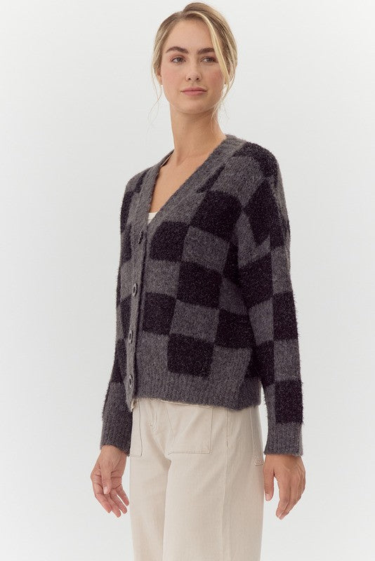 Womens Jodifl Charcoal Checkered Knit Cardigan