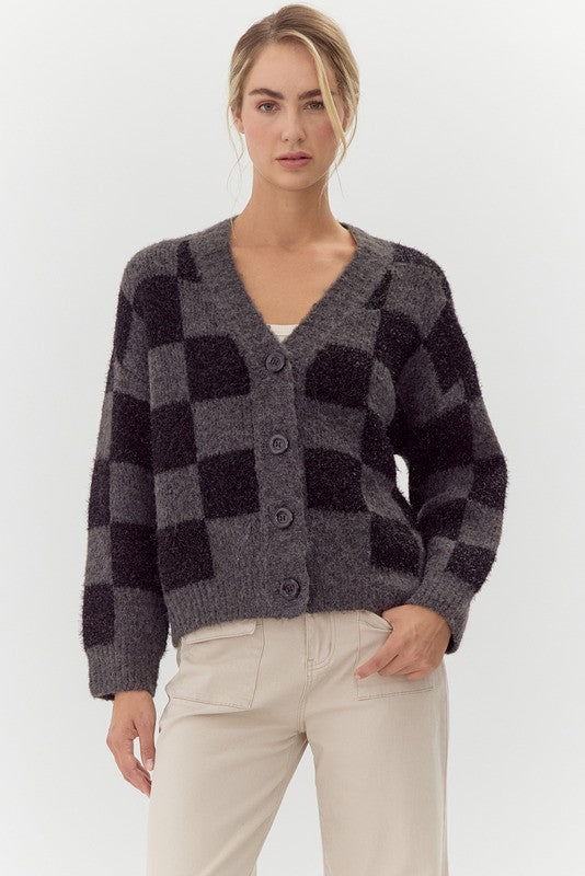 Womens Jodifl Charcoal Checkered Knit Cardigan