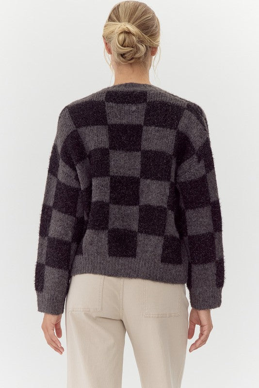 Womens Jodifl Charcoal Checkered Knit Cardigan