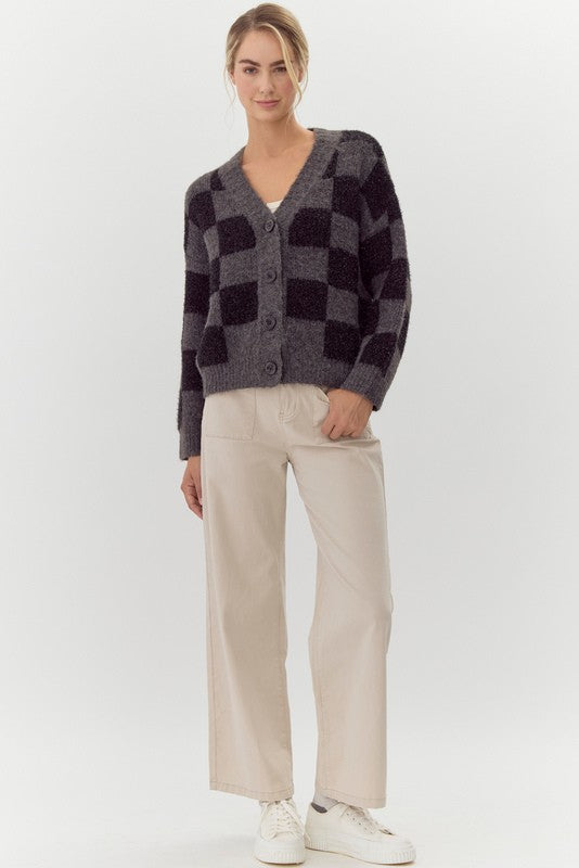 Womens Jodifl Charcoal Checkered Knit Cardigan