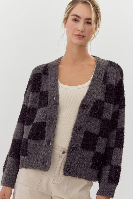 Womens Jodifl Charcoal Checkered Knit Cardigan