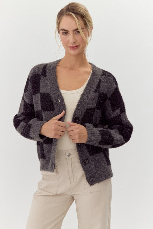 Womens Jodifl Charcoal Checkered Knit Cardigan