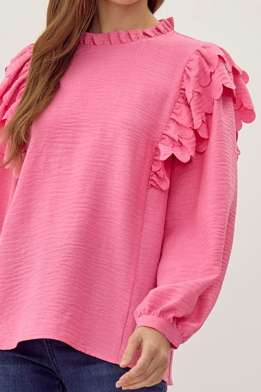 Womens Jodifl Bubble Gum Textured Ruffly Shoulder Top