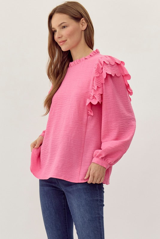 Womens Jodifl Bubble Gum Textured Ruffly Shoulder Top