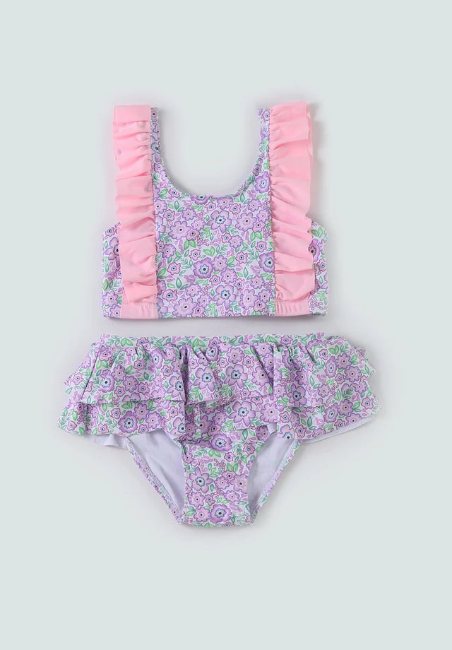 Girls Purple Floral Print Ruffle Swimsuit