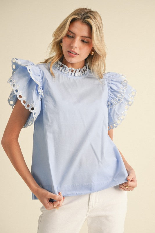 Womens Jodifl Powder Blue Solid Flutter Sleeves Top