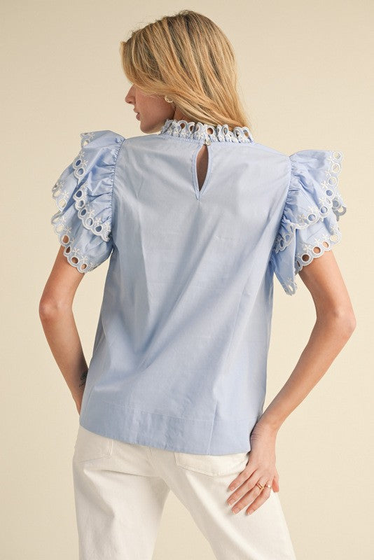 Womens Jodifl Powder Blue Solid Flutter Sleeves Top