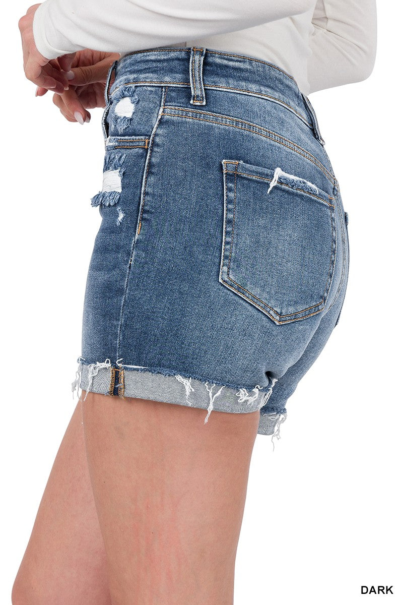 Zenana Womens Distressed Cuffed Raw Hem Dark Denim Shorts