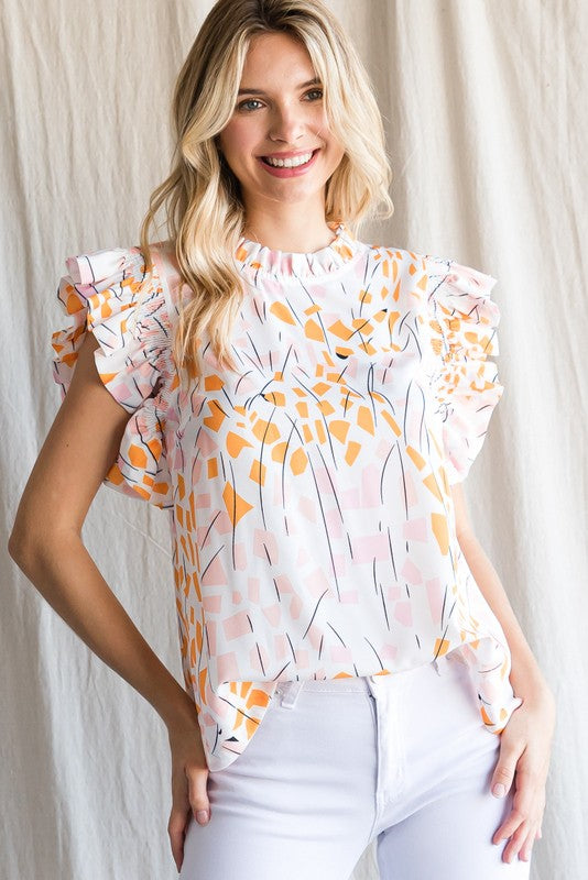 Womens Jodifl White Print Smocked Ruffled Shoulder Top